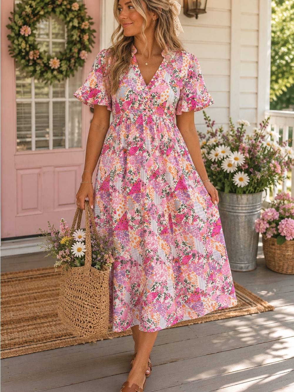 Simply Southern Athena Patchwork Floral V-Neck Midi Dress SZ S NWT Multiflower